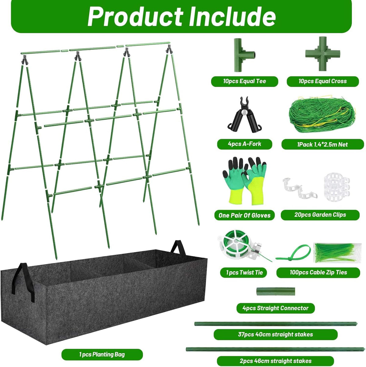 Cucumber Trellis with 46 Gallon Grows Bag, 50 x 54 Inches A Frame Outdoor Greenhouse Trellis and Fabric Raised Bed, Climbing Net and Plant Support Clips for Bean Climbing Plants