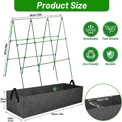 Cucumber Trellis with 46 Gallon Grows Bag, 50 x 54 Inches A Frame Outdoor Greenhouse Trellis and Fabric Raised Bed, Climbing Net and Plant Support Clips for Bean Climbing Plants