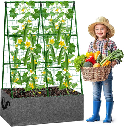 Cucumber Trellis with 46 Gallon Grows Bag, 50 x 54 Inches A Frame Outdoor Greenhouse Trellis and Fabric Raised Bed, Climbing Net and Plant Support Clips for Bean Climbing Plants