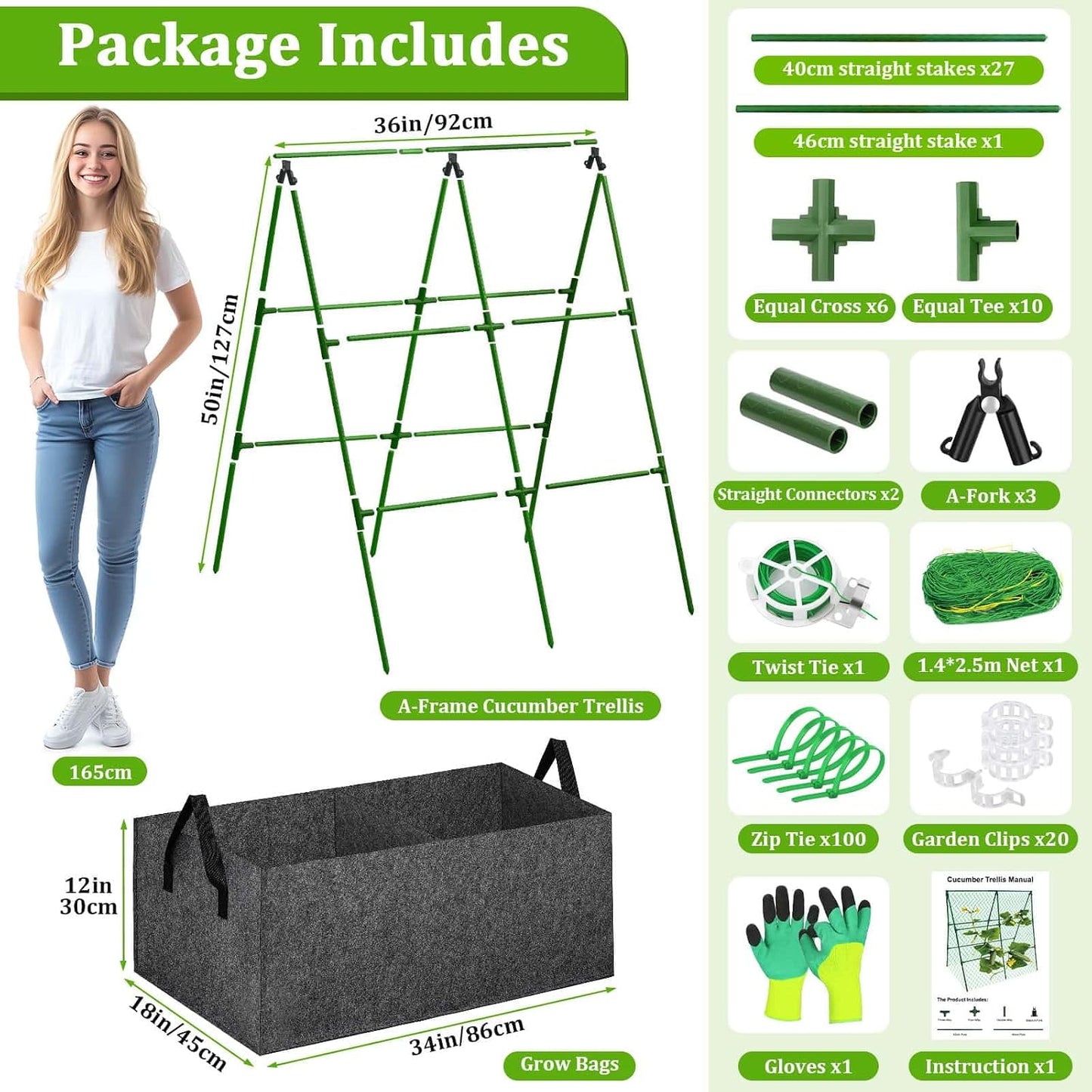 Cucumber Trellis with 46 Gallon Grows Bag, 50 x 54 Inches A Frame Outdoor Greenhouse Trellis and Fabric Raised Bed, Climbing Net and Plant Support Clips for Bean Climbing Plants
