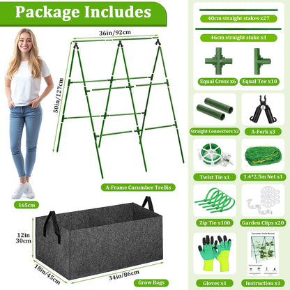 Cucumber Trellis with 46 Gallon Grows Bag, 50 x 54 Inches A Frame Outdoor Greenhouse Trellis and Fabric Raised Bed, Climbing Net and Plant Support Clips for Bean Climbing Plants