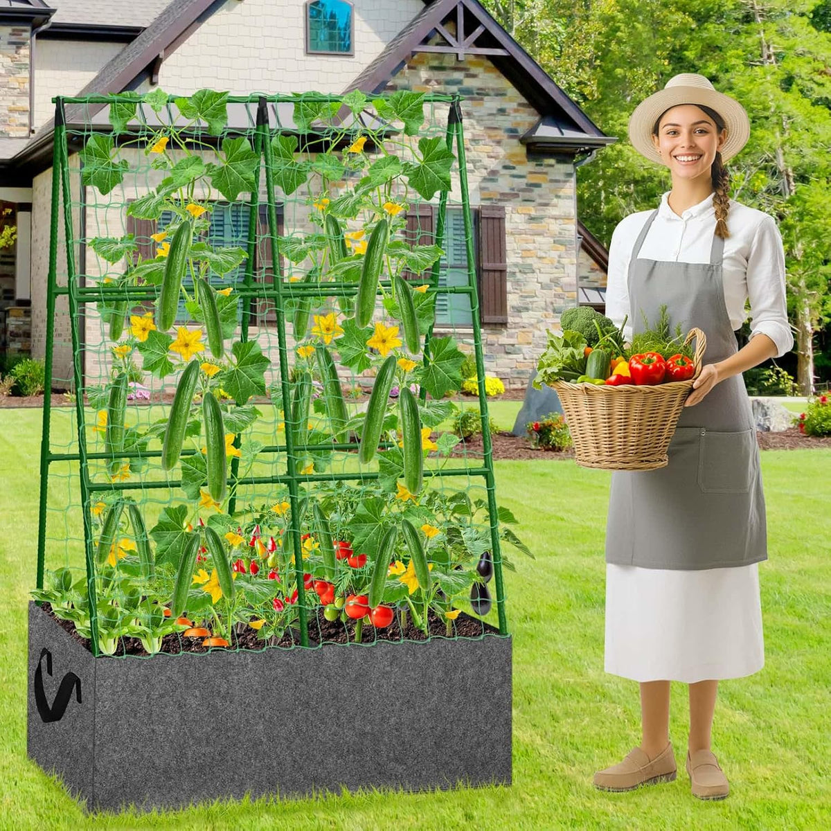 Cucumber Trellis with 46 Gallon Grows Bag, 50 x 54 Inches A Frame Outdoor Greenhouse Trellis and Fabric Raised Bed, Climbing Net and Plant Support Clips for Bean Climbing Plants
