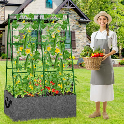 Cucumber Trellis with 46 Gallon Grows Bag, 50 x 54 Inches A Frame Outdoor Greenhouse Trellis and Fabric Raised Bed, Climbing Net and Plant Support Clips for Bean Climbing Plants