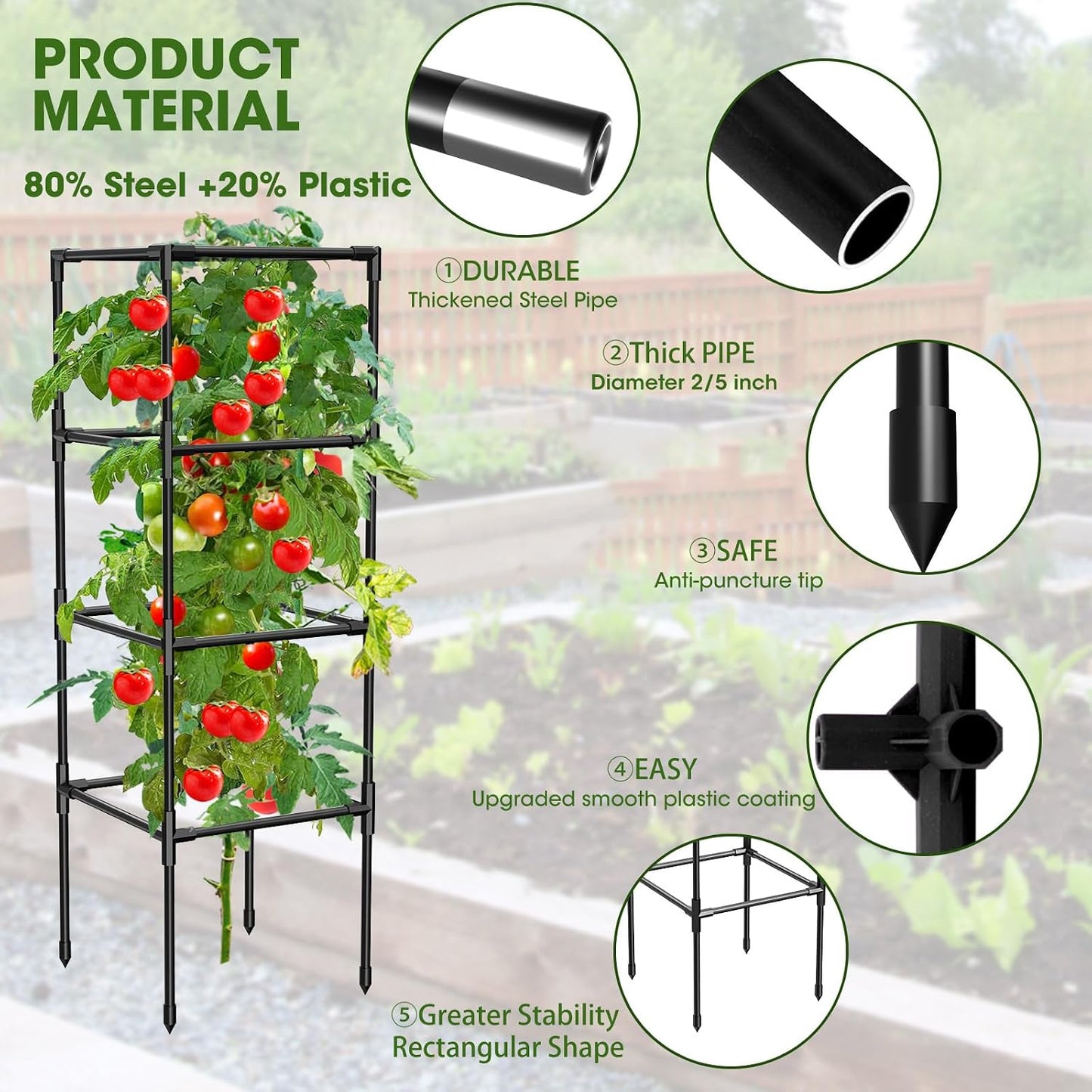 3 Pack Tomato Cages, Square Tomato Plant Stakes Support Cages Trellis for Garden Climbing Vegetables Flowers Fruits,Extra Bold,Black