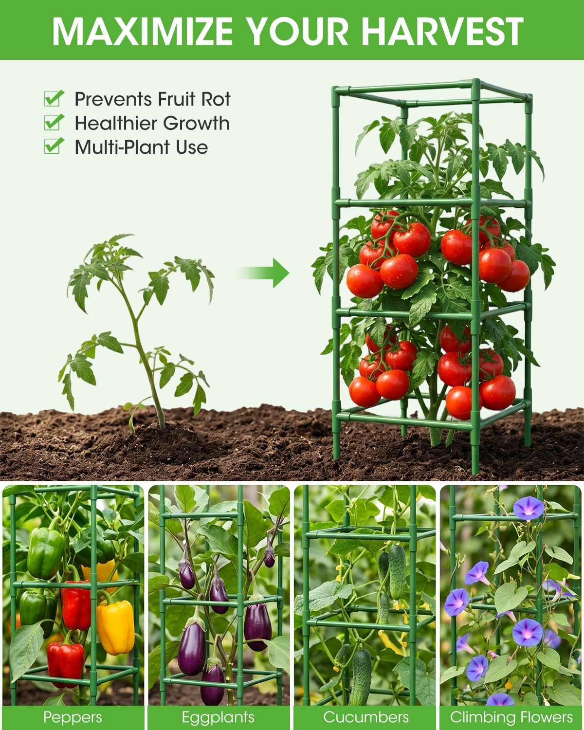 3 Pack Tomato Cages, Square Tomato Plant Stakes Support Cages Trellis for Garden Climbing Vegetables Flowers Fruits,Extra Bold,Black
