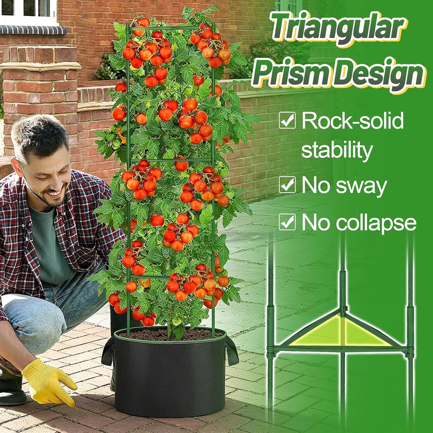 Sturdy Triangle Tomato Cage with Movable 10 Gal Grow Bags, 3 Sets
