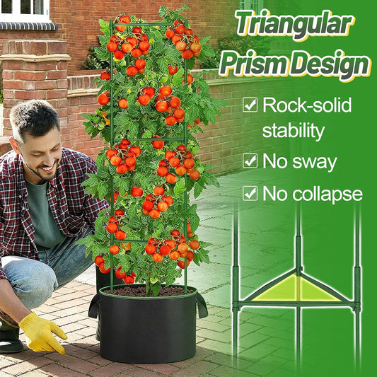 Sturdy Triangle Tomato Cage with Movable 10 Gal Grow Bags, 3 Sets