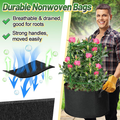 Sturdy Triangle Tomato Cage with Movable 10 Gal Grow Bags, 3 Sets