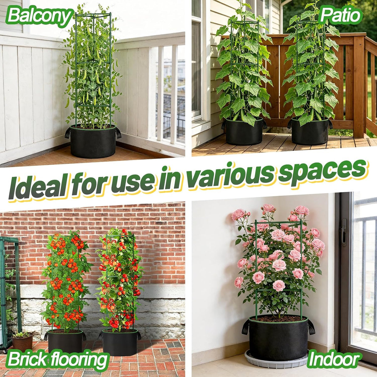 Sturdy Triangle Tomato Cage with Movable 10 Gal Grow Bags, 3 Sets