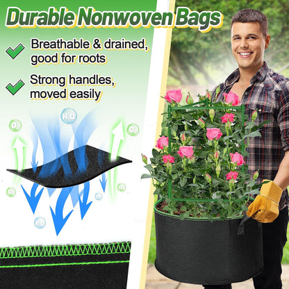 Sturdy Triangle Tomato Cage with Movable 10 Gal Grow Bags, 3 Sets