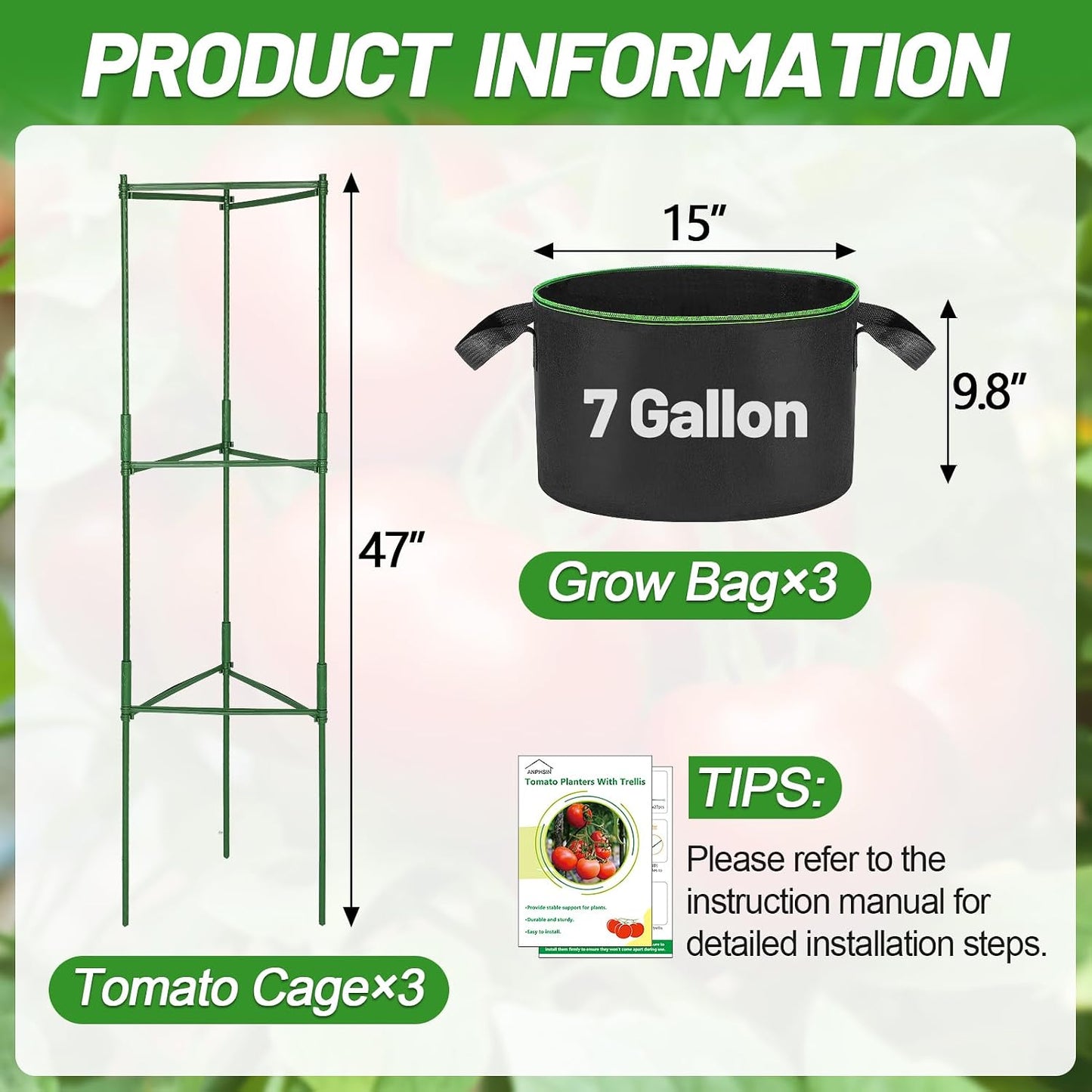 Sturdy Triangle Tomato Cage with Movable 10 Gal Grow Bags, 3 Sets