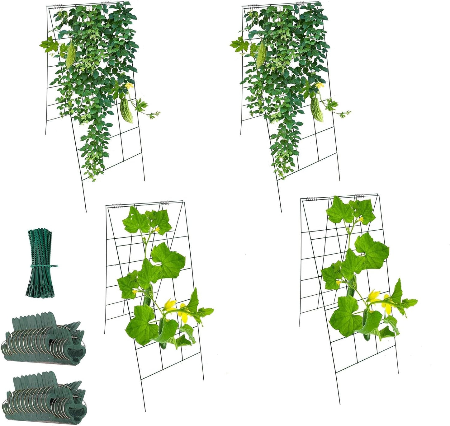 4Pack Green Garden Cucumber Trellis 46” x 18” A-Frame Folding for Climbing Plant Vegetables Flowers with Clips and Cable Ties