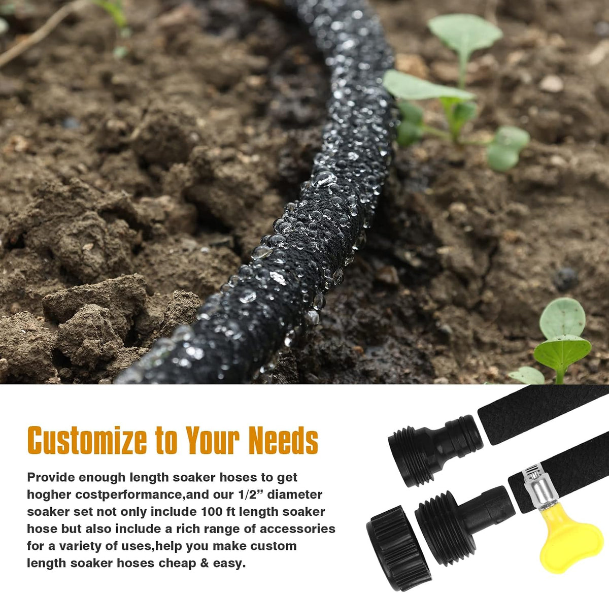 Soaker Hose 10 ft for Garden Beds, Solid Brass Interface Irrigation Save 70% Water Heavy Duty Rubber 1/2" Diameter Great for Gardens/Flower Beds