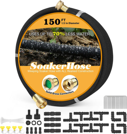 Soaker Hose 10 ft for Garden Beds, Solid Brass Interface Irrigation Save 70% Water Heavy Duty Rubber 1/2" Diameter Great for Gardens/Flower Beds