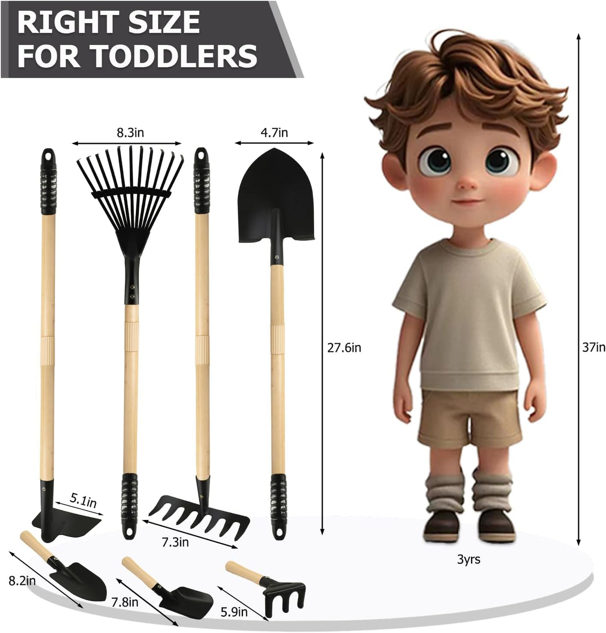 7PCS Kids Gardening Tools, Long Shovel, Rake for Leaves, Spade, Hoe, Steel Heads & Real Wood Handle, Yard Tools for Children Toddlers Gifts
