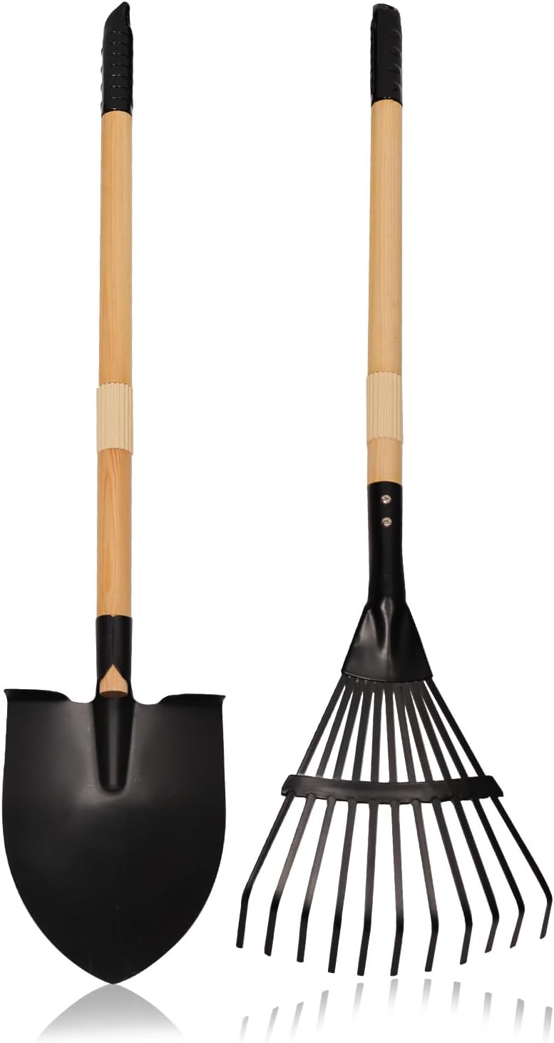 7PCS Kids Gardening Tools, Long Shovel, Rake for Leaves, Spade, Hoe, Steel Heads & Real Wood Handle, Yard Tools for Children Toddlers Gifts
