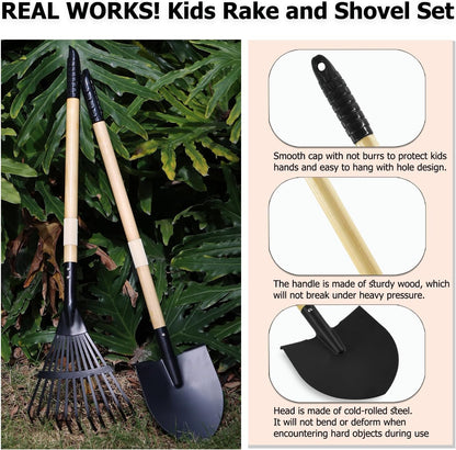 7PCS Kids Gardening Tools, Long Shovel, Rake for Leaves, Spade, Hoe, Steel Heads & Real Wood Handle, Yard Tools for Children Toddlers Gifts