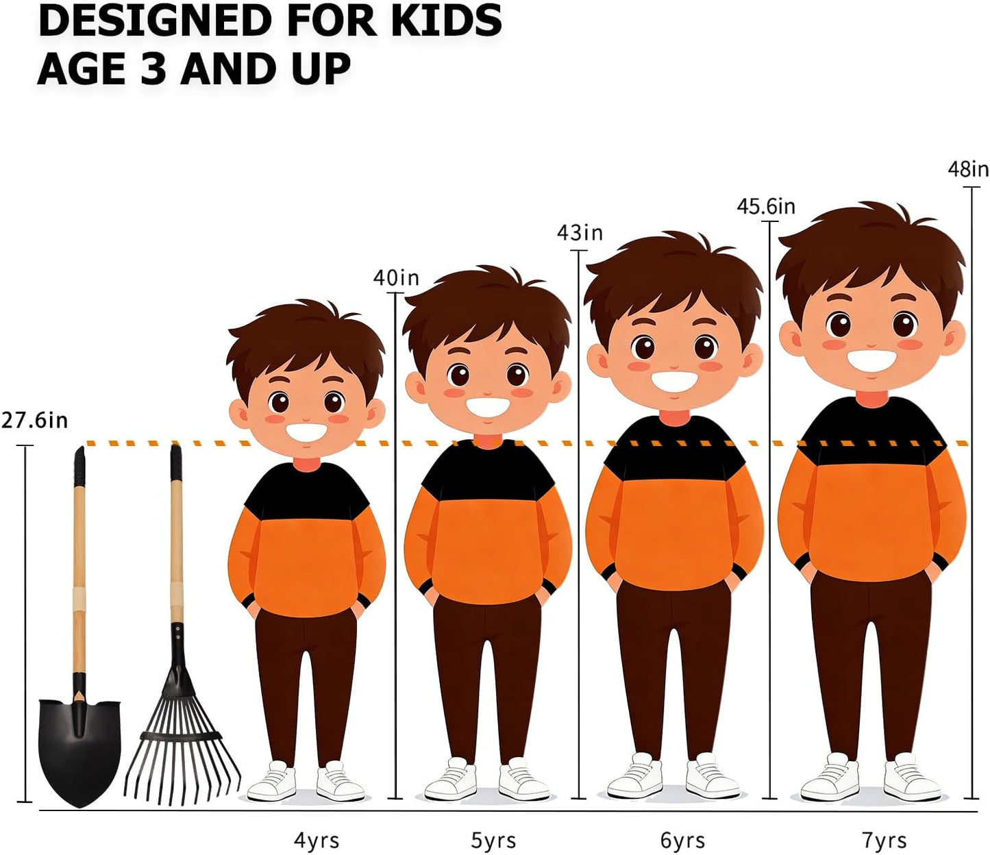 7PCS Kids Gardening Tools, Long Shovel, Rake for Leaves, Spade, Hoe, Steel Heads & Real Wood Handle, Yard Tools for Children Toddlers Gifts