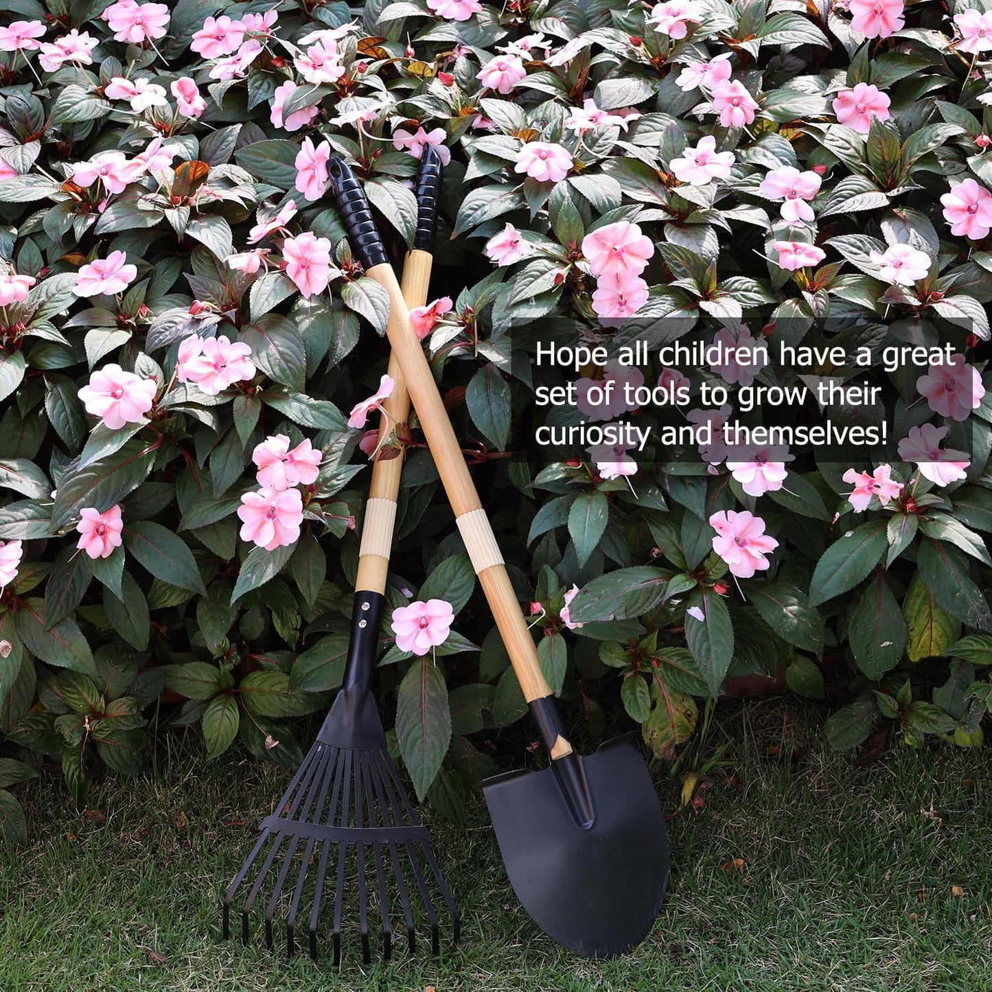 7PCS Kids Gardening Tools, Long Shovel, Rake for Leaves, Spade, Hoe, Steel Heads & Real Wood Handle, Yard Tools for Children Toddlers Gifts