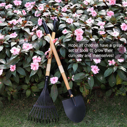 7PCS Kids Gardening Tools, Long Shovel, Rake for Leaves, Spade, Hoe, Steel Heads & Real Wood Handle, Yard Tools for Children Toddlers Gifts