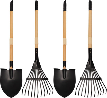 7PCS Kids Gardening Tools, Long Shovel, Rake for Leaves, Spade, Hoe, Steel Heads & Real Wood Handle, Yard Tools for Children Toddlers Gifts