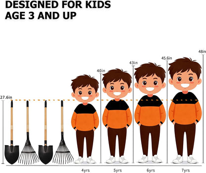 7PCS Kids Gardening Tools, Long Shovel, Rake for Leaves, Spade, Hoe, Steel Heads & Real Wood Handle, Yard Tools for Children Toddlers Gifts