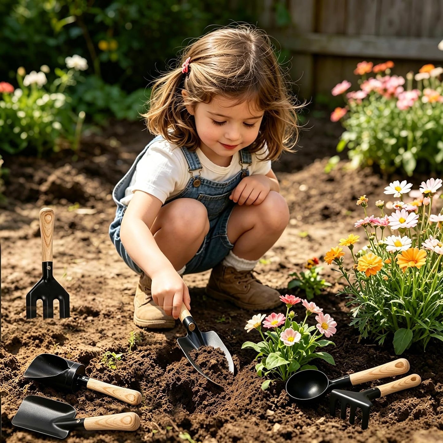 7PCS Kids Gardening Tools, Long Shovel, Rake for Leaves, Spade, Hoe, Steel Heads & Real Wood Handle, Yard Tools for Children Toddlers Gifts