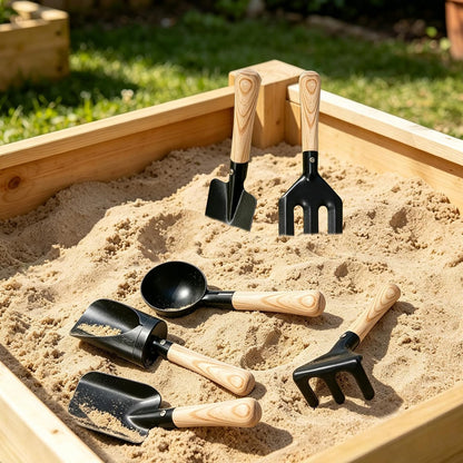 7PCS Kids Gardening Tools, Long Shovel, Rake for Leaves, Spade, Hoe, Steel Heads & Real Wood Handle, Yard Tools for Children Toddlers Gifts