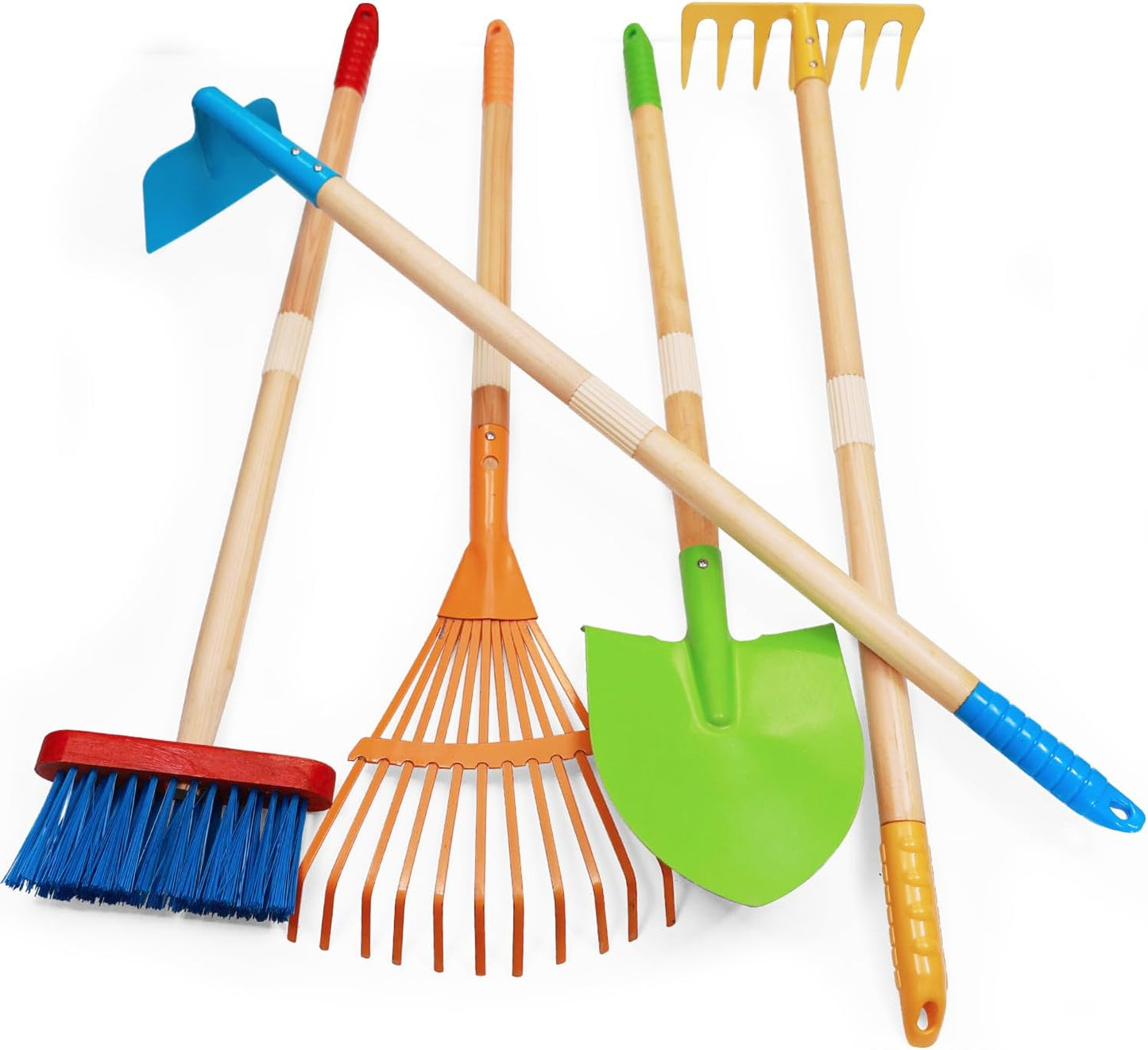 7PCS Kids Gardening Tools, Long Shovel, Rake for Leaves, Spade, Hoe, Steel Heads & Real Wood Handle, Yard Tools for Children Toddlers Gifts