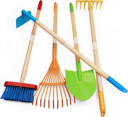 7PCS Kids Gardening Tools, Long Shovel, Rake for Leaves, Spade, Hoe, Steel Heads & Real Wood Handle, Yard Tools for Children Toddlers Gifts