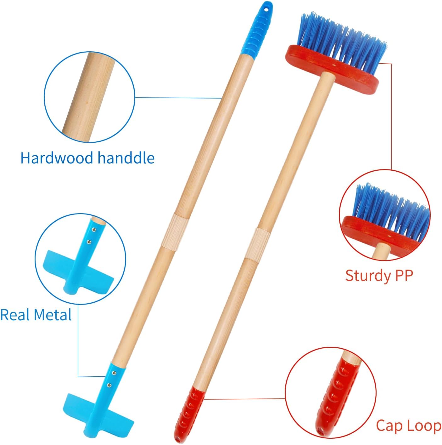7PCS Kids Gardening Tools, Long Shovel, Rake for Leaves, Spade, Hoe, Steel Heads & Real Wood Handle, Yard Tools for Children Toddlers Gifts