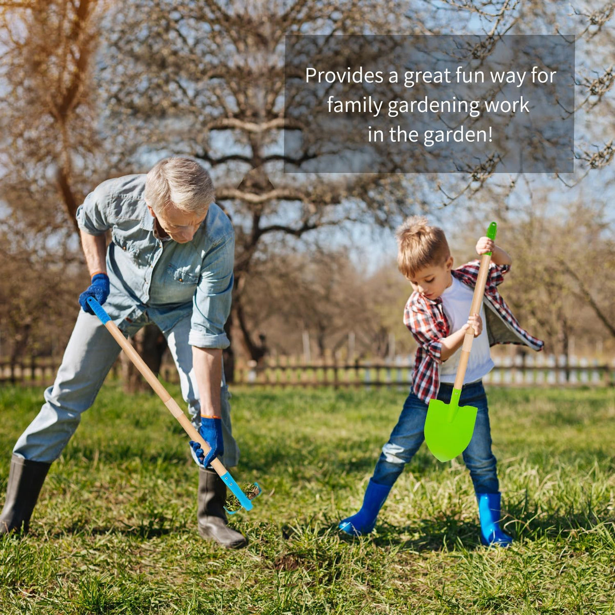 7PCS Kids Gardening Tools, Long Shovel, Rake for Leaves, Spade, Hoe, Steel Heads & Real Wood Handle, Yard Tools for Children Toddlers Gifts