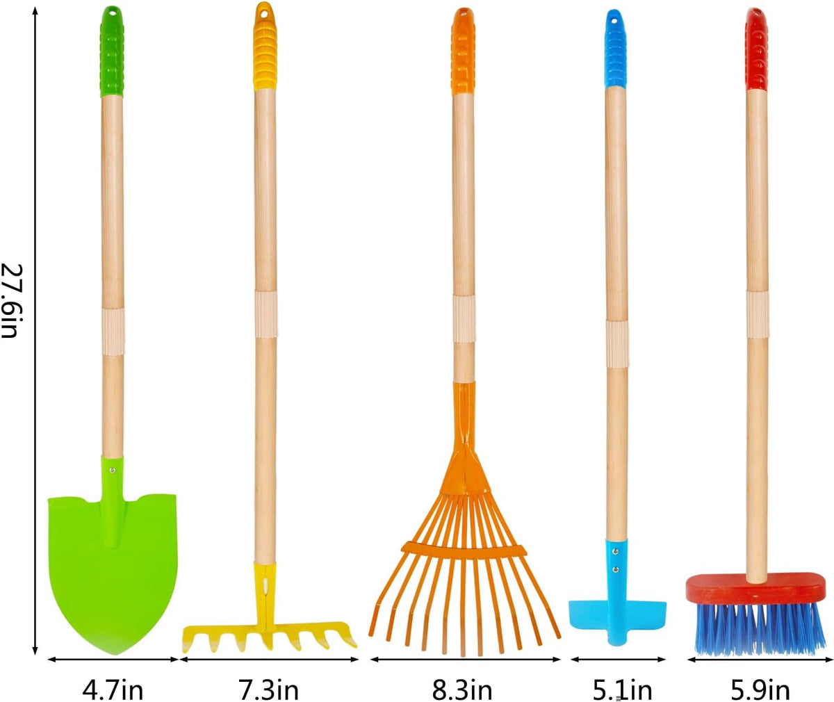 7PCS Kids Gardening Tools, Long Shovel, Rake for Leaves, Spade, Hoe, Steel Heads & Real Wood Handle, Yard Tools for Children Toddlers Gifts