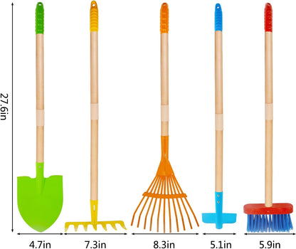 7PCS Kids Gardening Tools, Long Shovel, Rake for Leaves, Spade, Hoe, Steel Heads & Real Wood Handle, Yard Tools for Children Toddlers Gifts