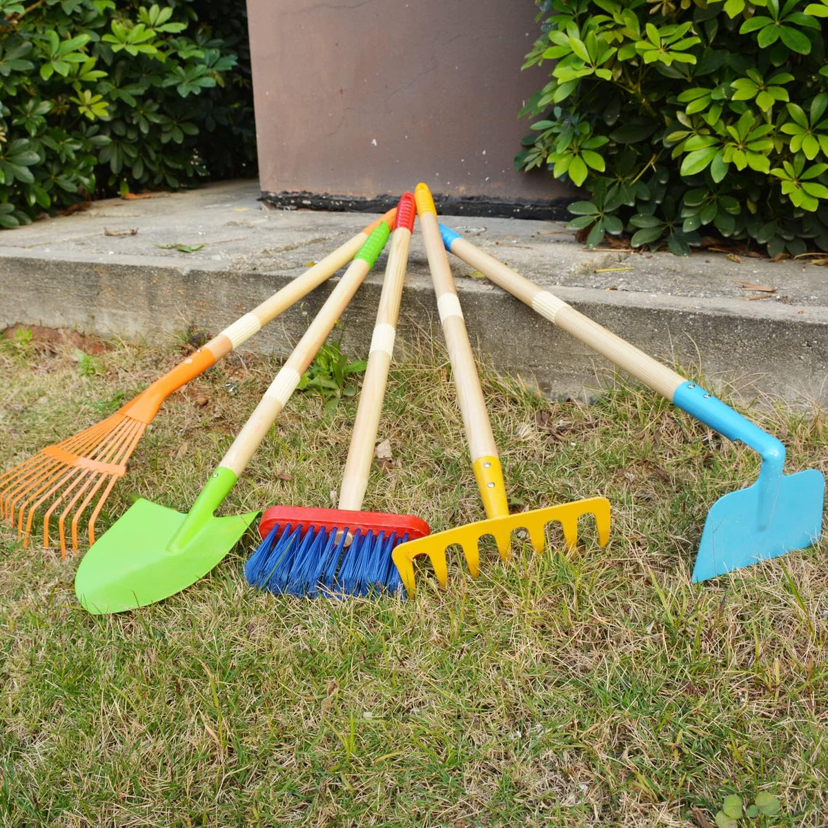 7PCS Kids Gardening Tools, Long Shovel, Rake for Leaves, Spade, Hoe, Steel Heads & Real Wood Handle, Yard Tools for Children Toddlers Gifts