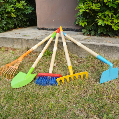 7PCS Kids Gardening Tools, Long Shovel, Rake for Leaves, Spade, Hoe, Steel Heads & Real Wood Handle, Yard Tools for Children Toddlers Gifts