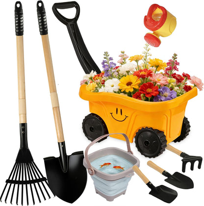 7PCS Kids Gardening Tools, Long Shovel, Rake for Leaves, Spade, Hoe, Steel Heads & Real Wood Handle, Yard Tools for Children Toddlers Gifts