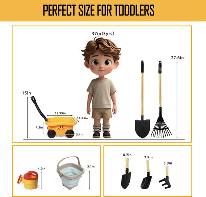 7PCS Kids Gardening Tools, Long Shovel, Rake for Leaves, Spade, Hoe, Steel Heads & Real Wood Handle, Yard Tools for Children Toddlers Gifts