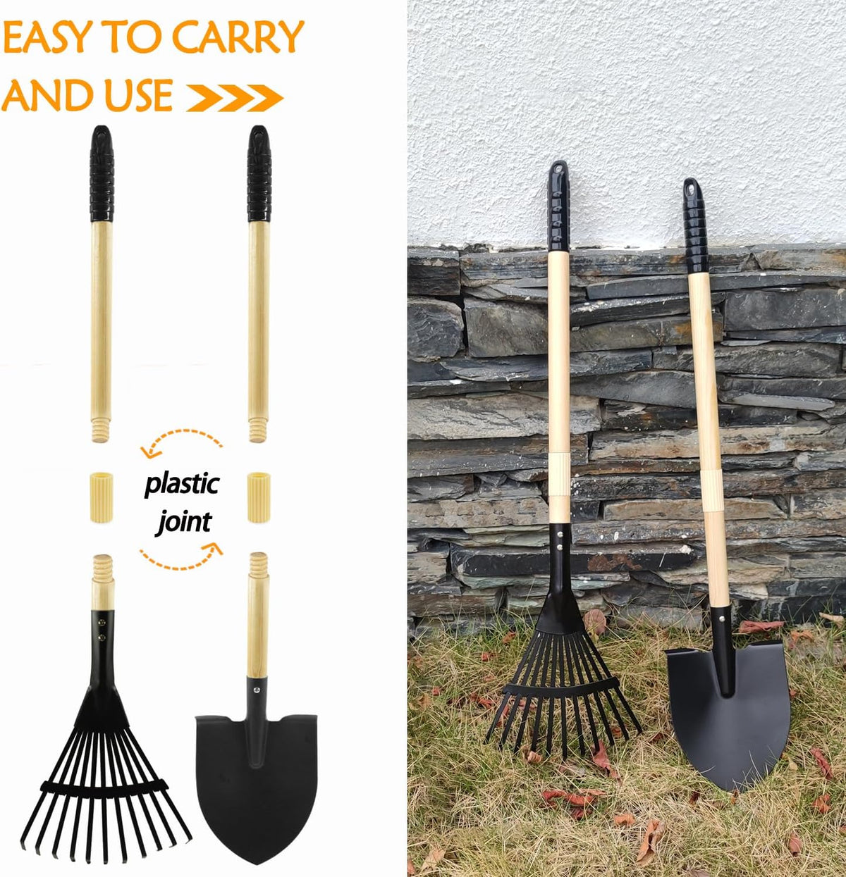 7PCS Kids Gardening Tools, Long Shovel, Rake for Leaves, Spade, Hoe, Steel Heads & Real Wood Handle, Yard Tools for Children Toddlers Gifts