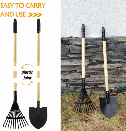 7PCS Kids Gardening Tools, Long Shovel, Rake for Leaves, Spade, Hoe, Steel Heads & Real Wood Handle, Yard Tools for Children Toddlers Gifts