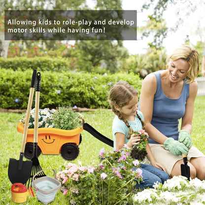 7PCS Kids Gardening Tools, Long Shovel, Rake for Leaves, Spade, Hoe, Steel Heads & Real Wood Handle, Yard Tools for Children Toddlers Gifts