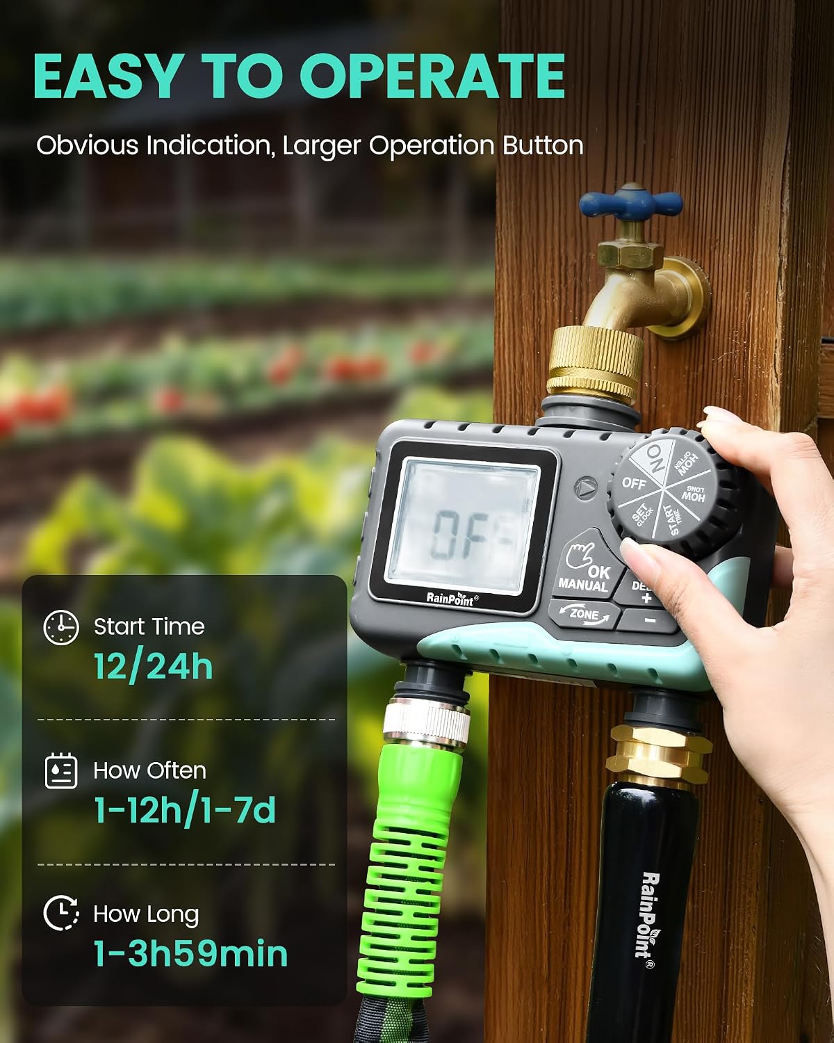 Sprinkler Timer 2 Outlet, Water Timer for Garden Hose, Programmable Drip Irrigation for Yard Outdoor Watering, Rain Delay/Manual/Automatic