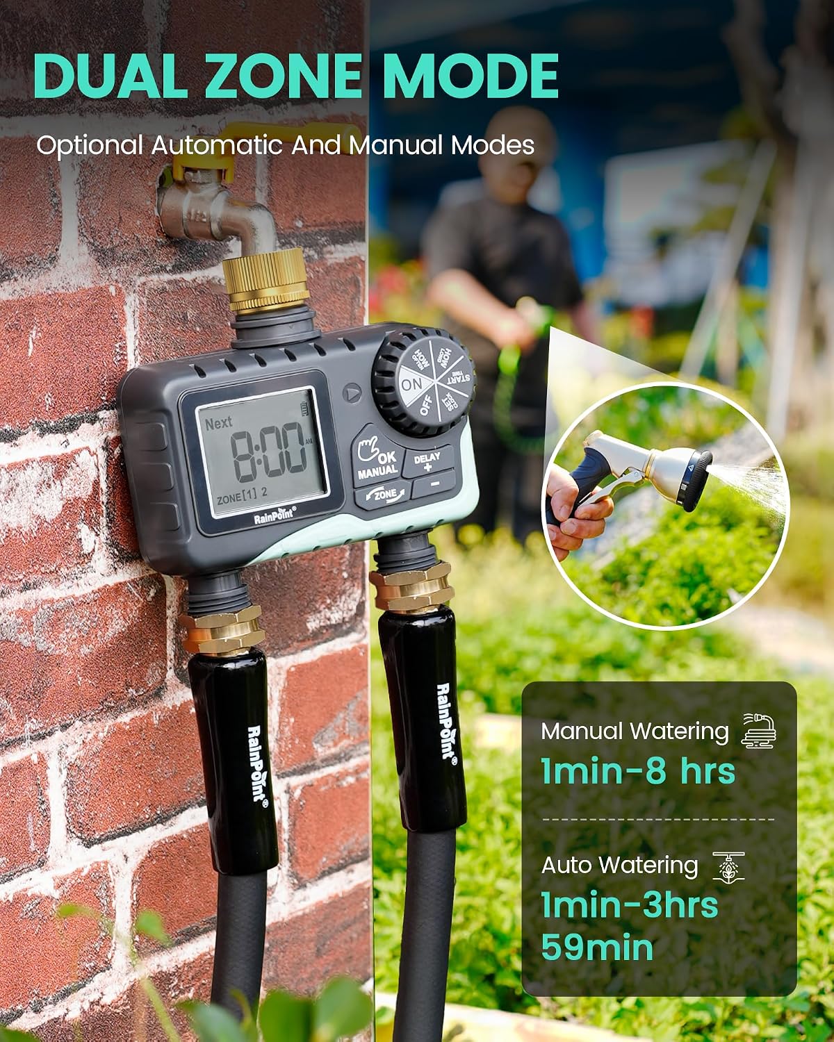 Sprinkler Timer 2 Outlet, Water Timer for Garden Hose, Programmable Drip Irrigation for Yard Outdoor Watering, Rain Delay/Manual/Automatic