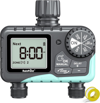 Sprinkler Timer 2 Outlet, Water Timer for Garden Hose, Programmable Drip Irrigation for Yard Outdoor Watering, Rain Delay/Manual/Automatic