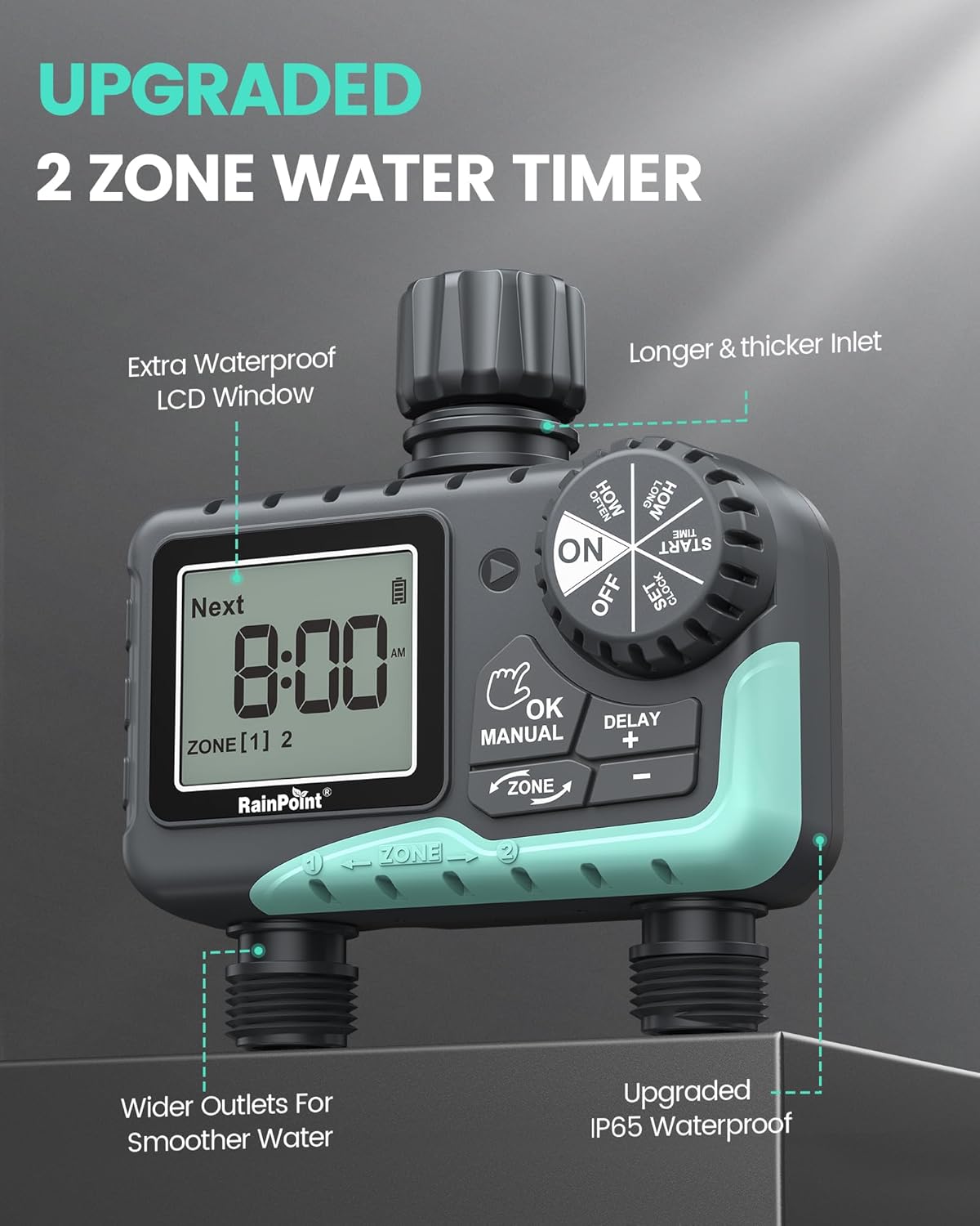 Sprinkler Timer 2 Outlet, Water Timer for Garden Hose, Programmable Drip Irrigation for Yard Outdoor Watering, Rain Delay/Manual/Automatic