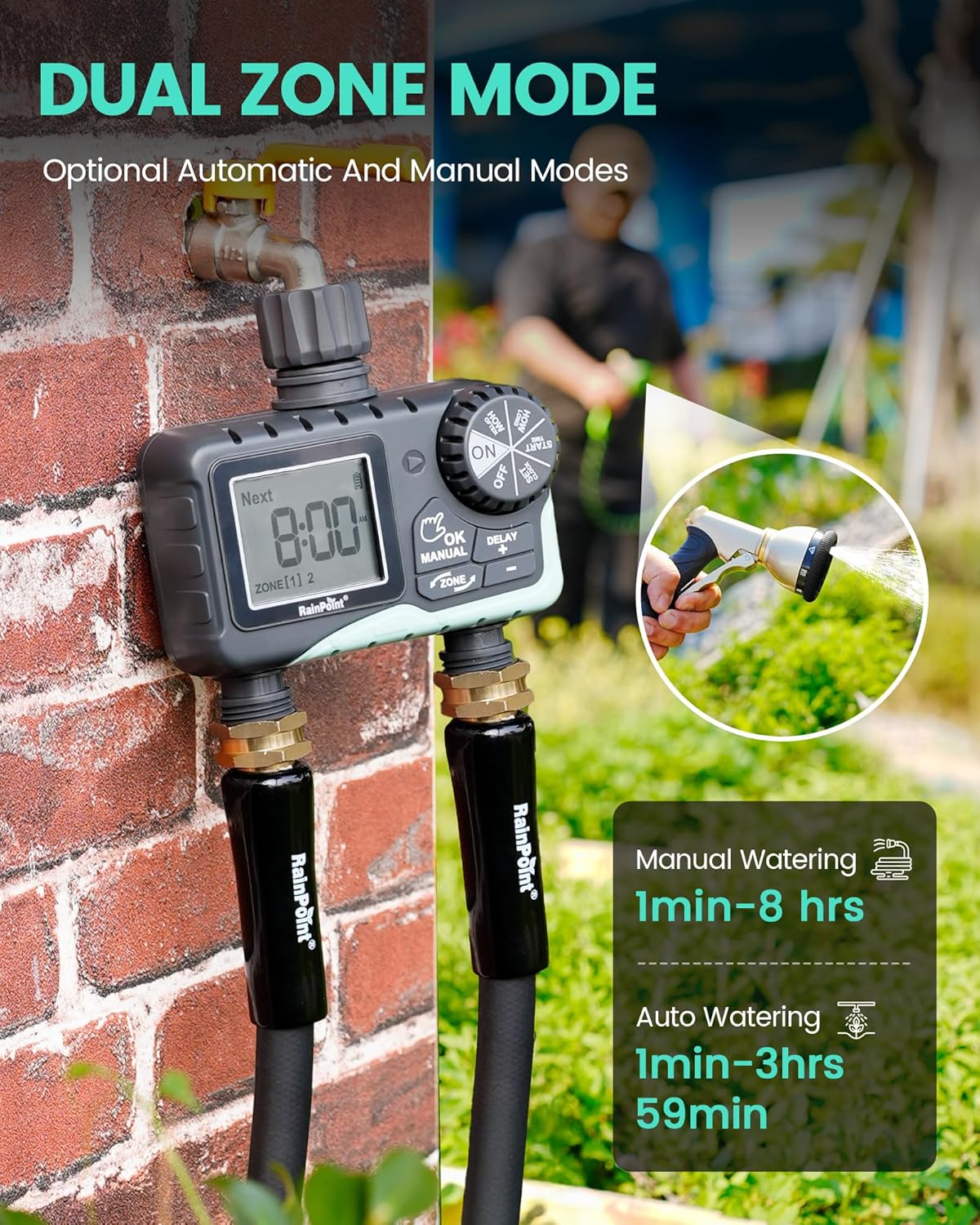 Sprinkler Timer 2 Outlet, Water Timer for Garden Hose, Programmable Drip Irrigation for Yard Outdoor Watering, Rain Delay/Manual/Automatic