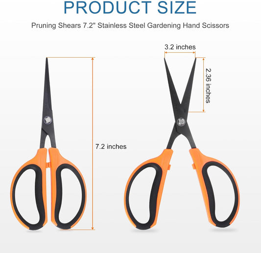 3pcs Trimming Scissors 7.2" Stainless Steel Garden Shears with Non-Stick Coating & Straight Precision Blade Hand Pruning Snips for Cutting Flowers