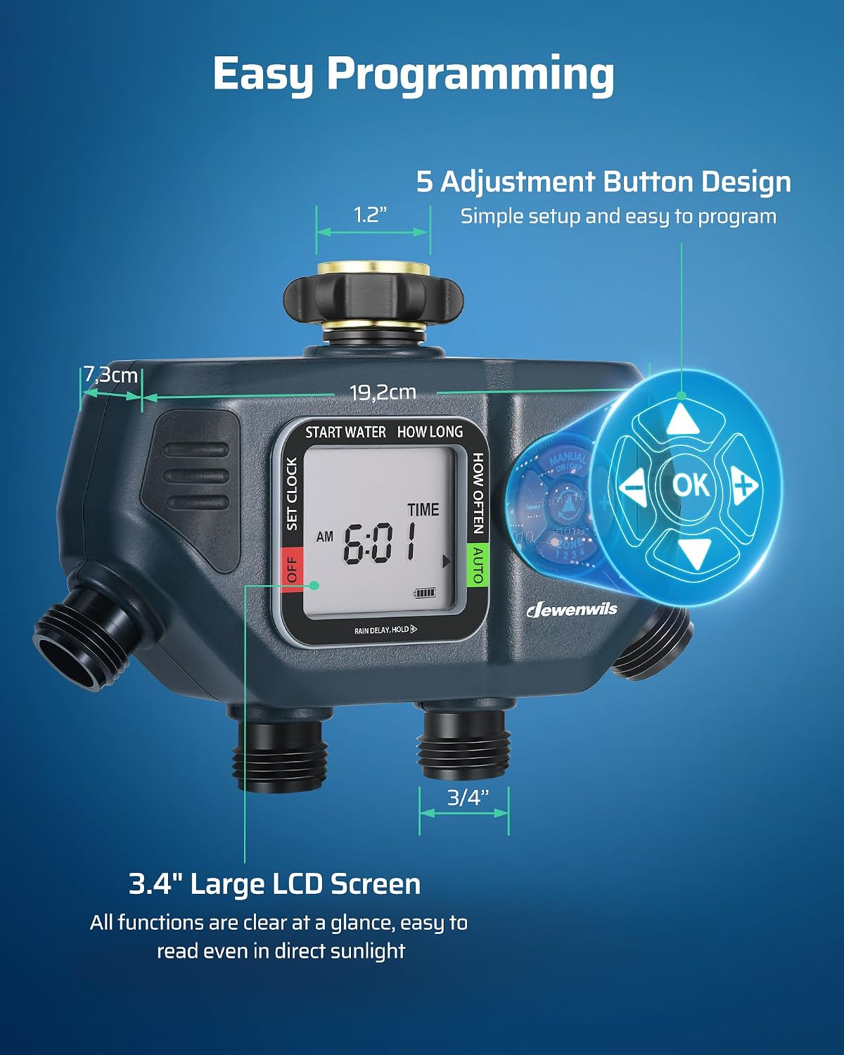 Sprinkler Timer 4 Zone, with Rain Delay/Manual/AUTO Irrigation