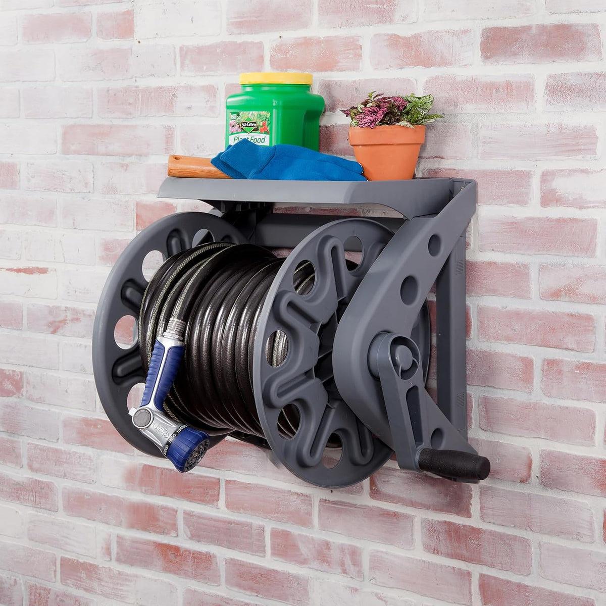 Basics 512 Wall Mounted Hose Reel with Shelf Gray