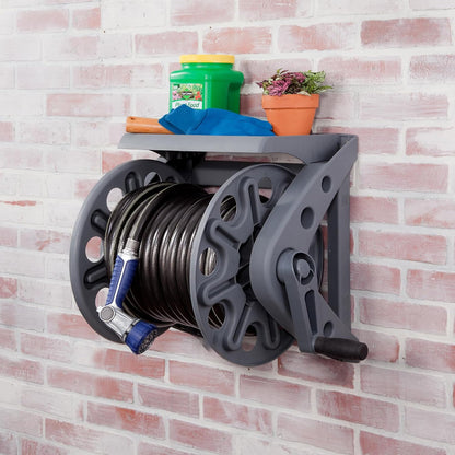 Basics 512 Wall Mounted Hose Reel with Shelf Gray